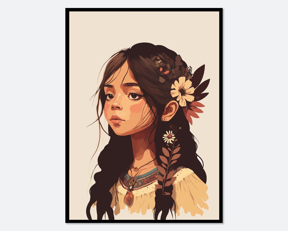Boho Tribal Girl Portrait With Feathers, Flowers