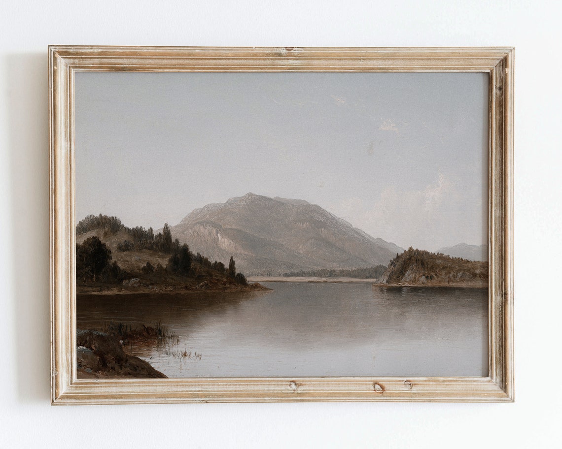 Rustic Vintage Autumn Mountain Lake Landscape Oil Painting Wall Art Print Neutral Poster Farmhouse Antique Dark Moody River Art Vp83
