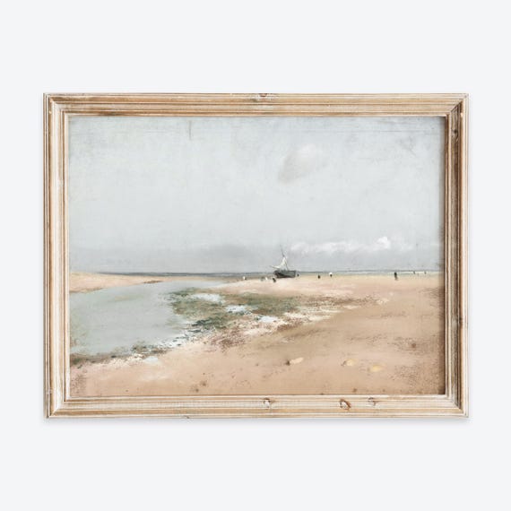 Vintage European Beach At Low Tide Coastal Ocean Muted Painting Wall Art Print Rustic Landscape Sea Poster Antique Moody Farmhouse Vp251