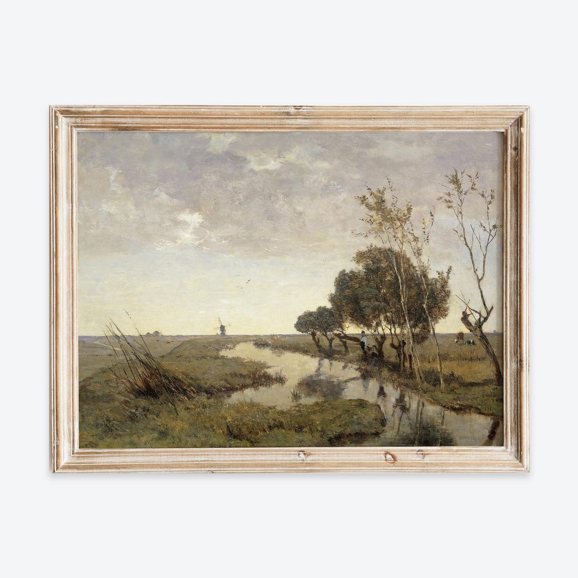 Rustic Vintage European Countryside Water Canal Field Oil Painting Wall Art Print Neutral Landscape Poster Antique Moody Farmhouse Vp223