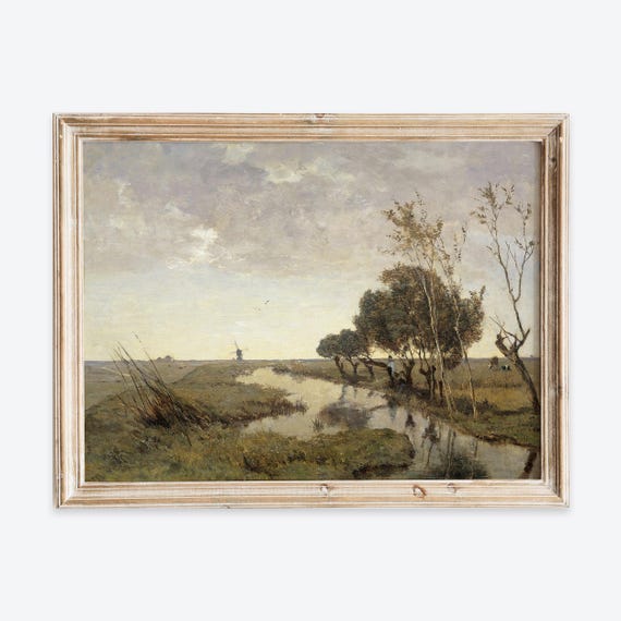 Rustic Vintage European Countryside Water Canal Field Oil Painting Wall Art Print Neutral Landscape Poster Antique Moody Farmhouse Vp223