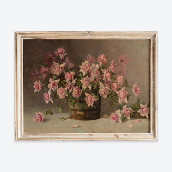 European Vintage Pink Roses Flowers In Vase Still Life Wall Art Print Rustic Dark Floral Painting Antique Moody Farmhouse Poster Vp278