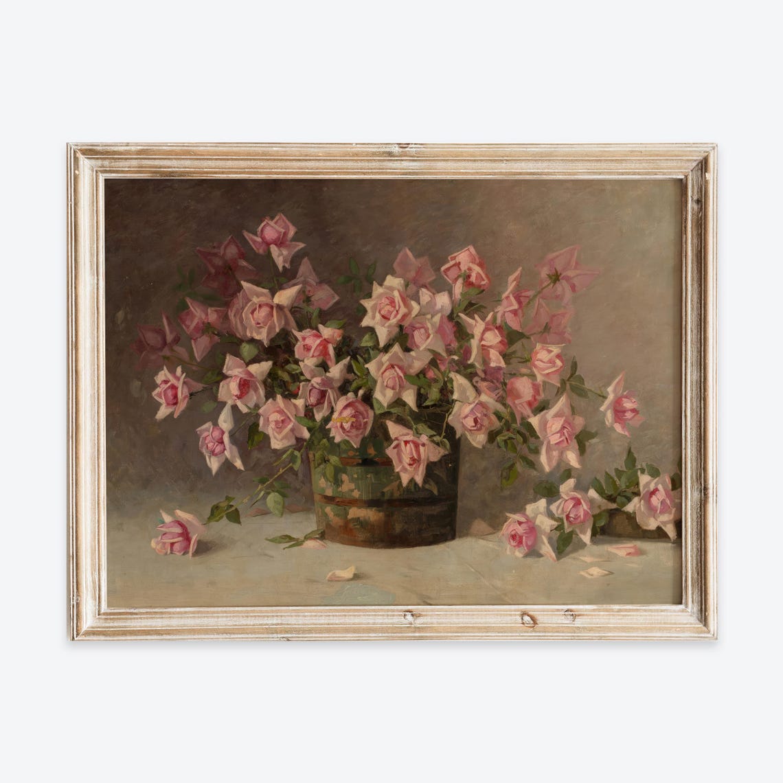 European Vintage Pink Roses Flowers In Vase Still Life Wall Art Print Rustic Dark Floral Painting Antique Moody Farmhouse Poster Vp278