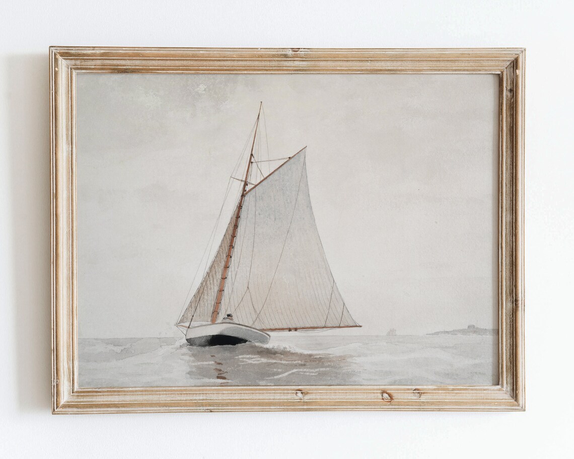 Single Sailboat Gliding on Calm Water Neutral Coastal Watercolor Poster