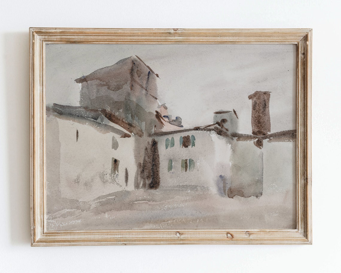 Rustic Vintage European Country Italy Villa Oil Painting Wall Art Print Neutral Muted Landscape Poster Antique Moody Farmhouse Decor Vp60