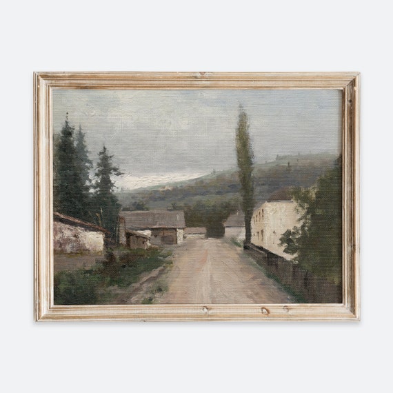 Rustic Vintage European Countryside Village Road Painting Wall Art Print Neutral Landscape Poster Antique Moody Farmhouse Decor Vp130