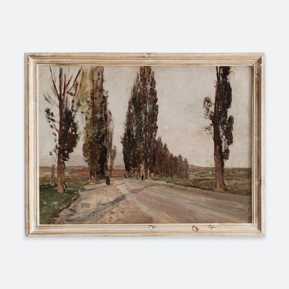 Rustic Vintage European Poplars Trees Oil Painting Wall Art Print Neutral Muted Landscape Poster Retro Antique Moody Farmhouse Decor Vp190