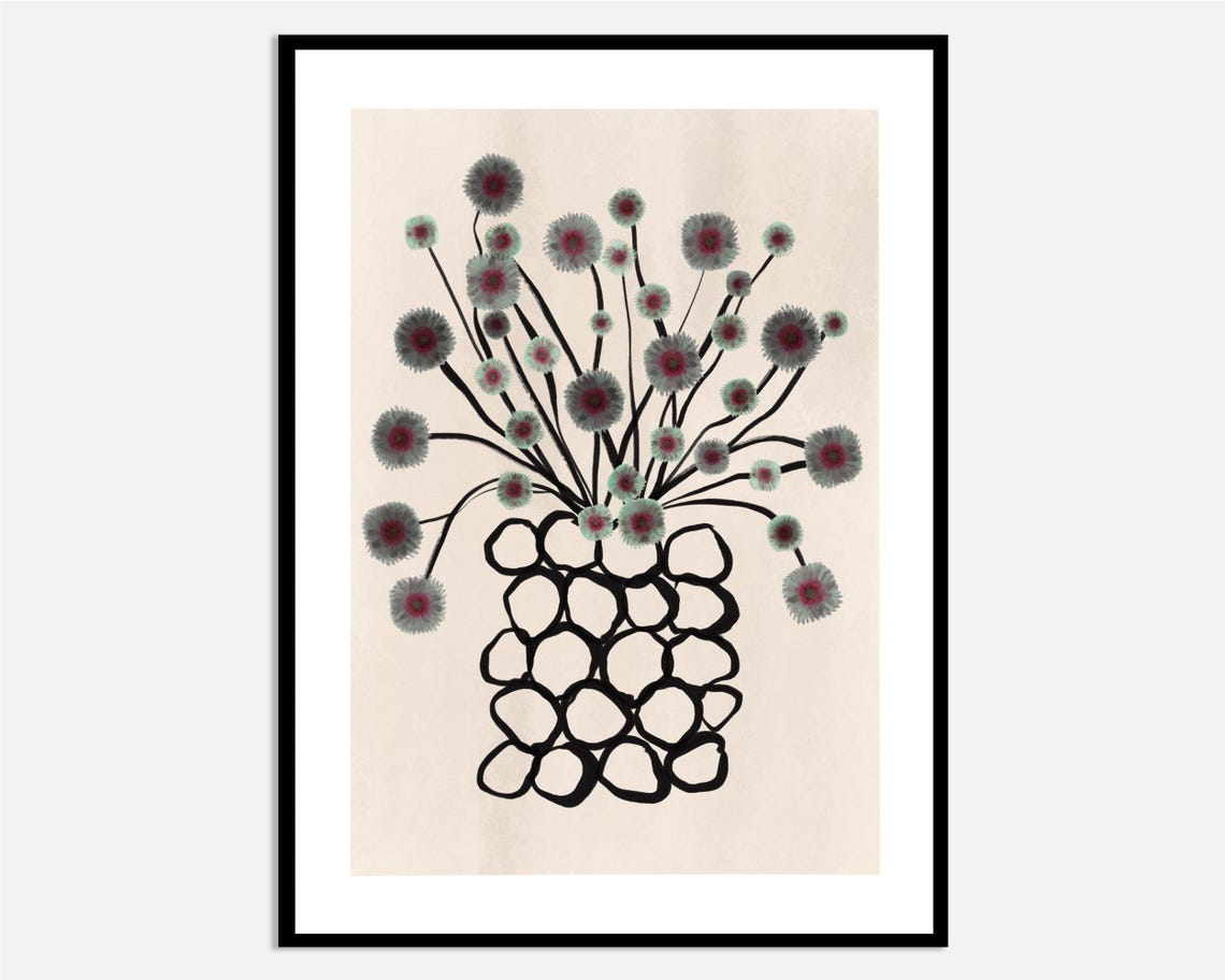 Pink Thistle Flowers Abstract Vase Modern Botanical Art Poster