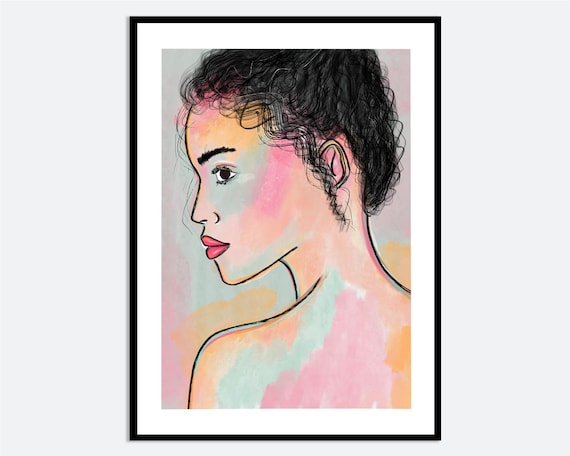 Modern Woman Portrait Abstract Watercolor Face Feminine Line Wall Art