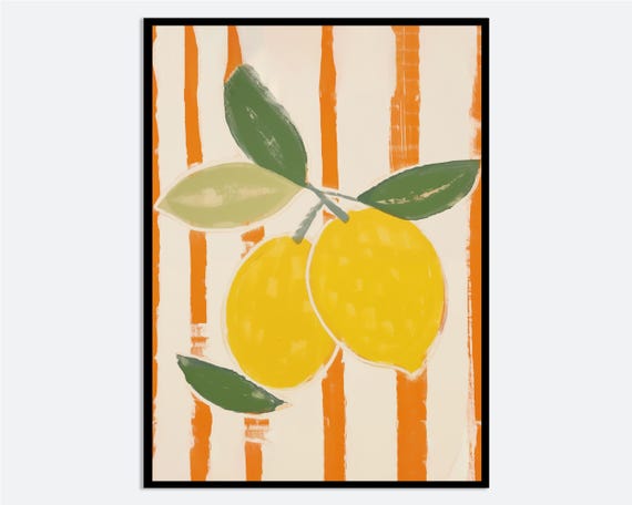 Lemons On Orange Stripes Wall Art Print Abstract Contemporary Fruit Illustration Modern Kitchen Spring Summer Poster Ma134