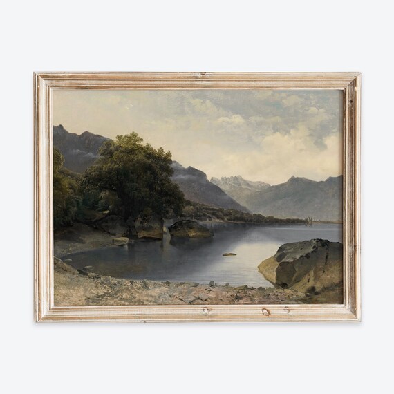 Autumn Mountain Lake Calm Water Pines Vintage Oil Painting Poster