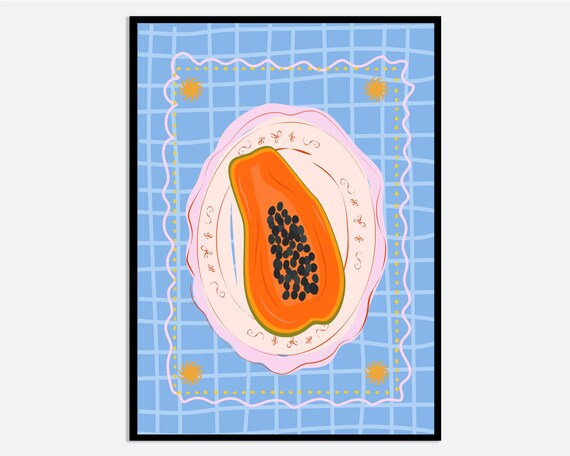 Papaya Half on Plate Checkered Table Playful Kitchen Art Print