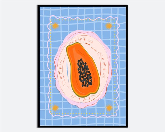 Papaya Still Life Wall Art Print Hand Drawn Tropical Fruit Poster Blue Check Kitchen Decor Modern Dining Plate Summer Illustration Ma191