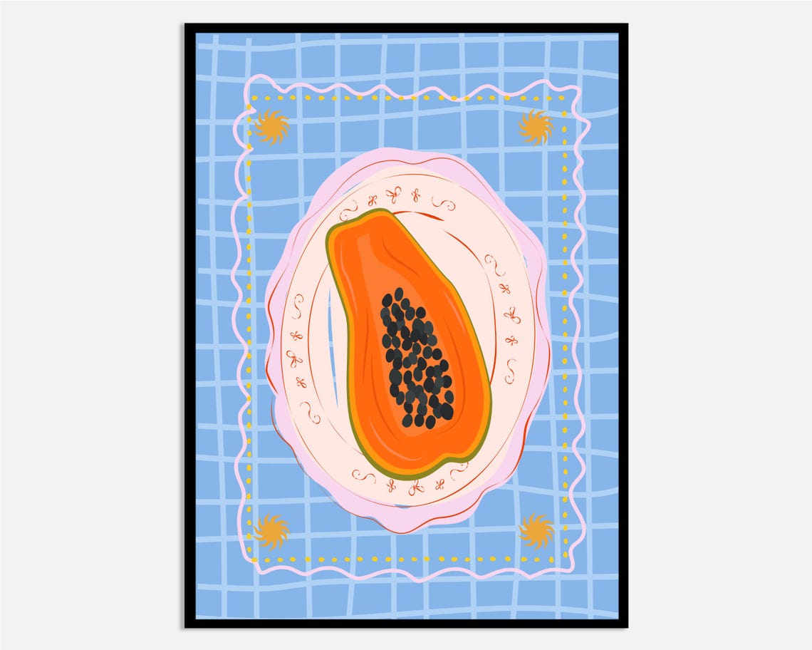 Papaya Half on Plate Checkered Table Playful Kitchen Art Print