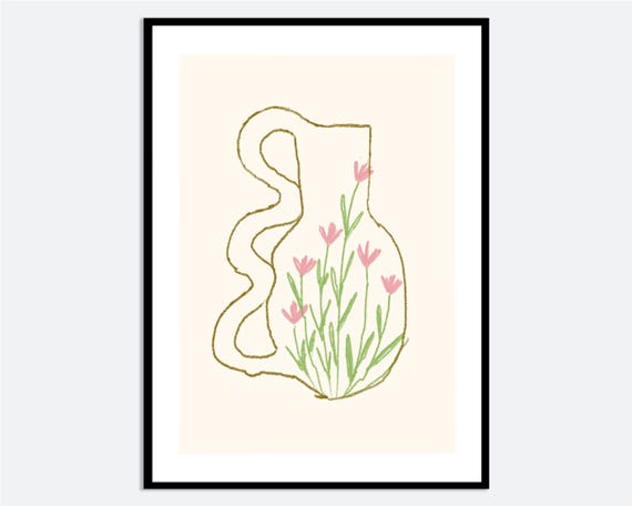 Curvy Vase With Pink Flowers Wall Art Print Hand Drawn Spring Botanical Illustration Modern Minimal Floral Line Poster Ma127