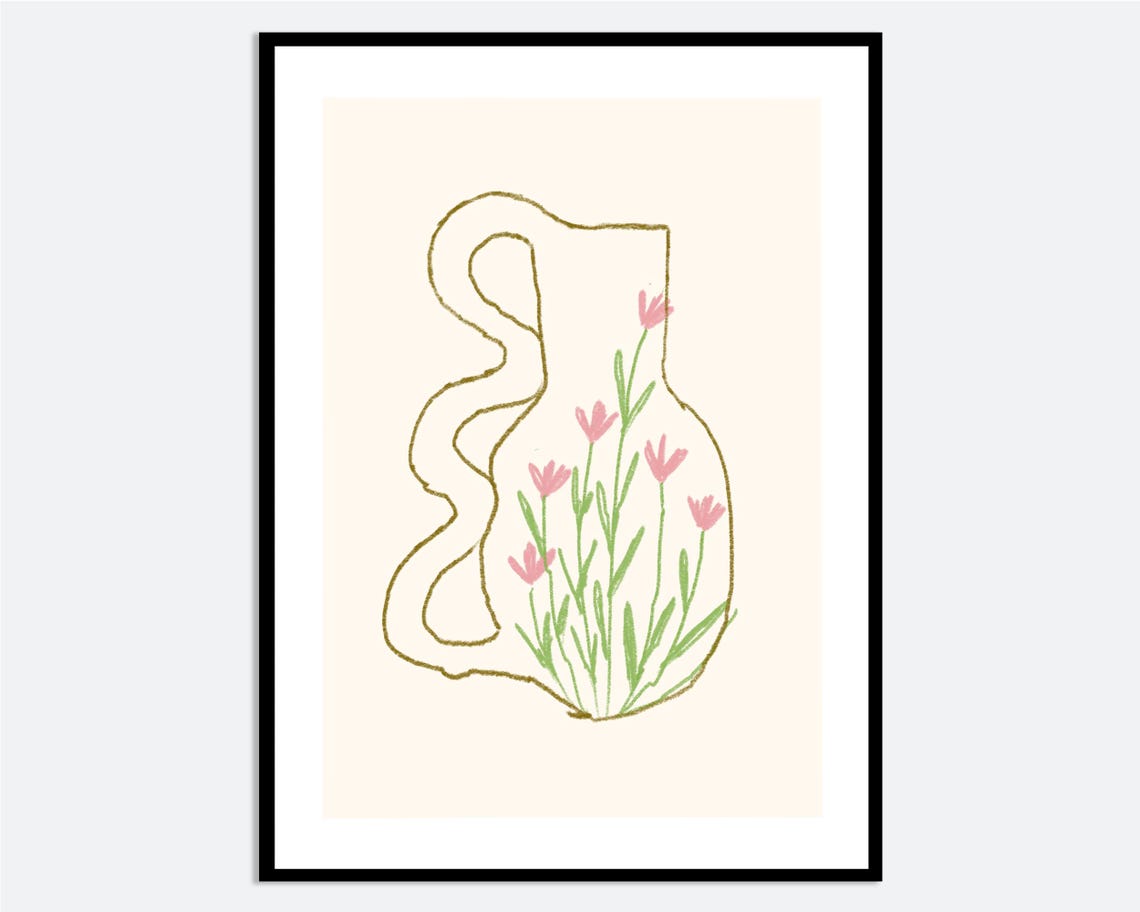 Curvy Vase Pink Flowers Hand Drawn Botanical Line Art Spring Wall Art