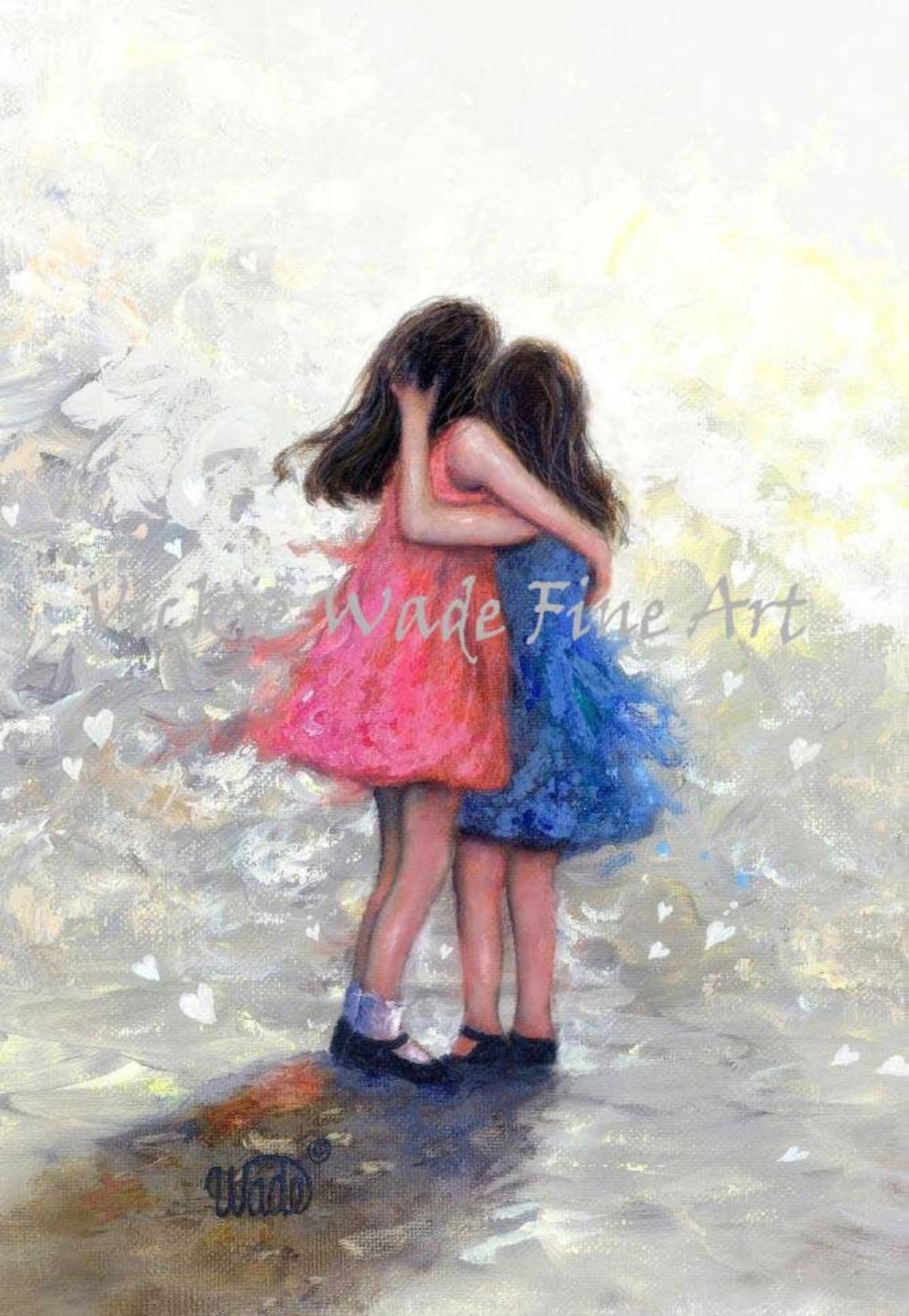 Two Little Sisters Embracing in Pink and Blue Dresses Poster