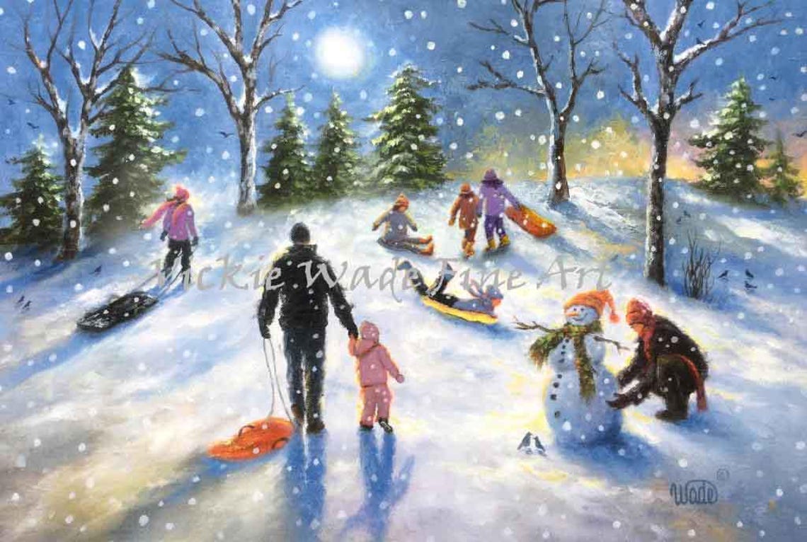 Family Six Girls Snow Sledding Art Print Six Girls Six Sisters Six Children Mom And Dad Six Kids Playing In Snow 7 Girls Vickie Wade