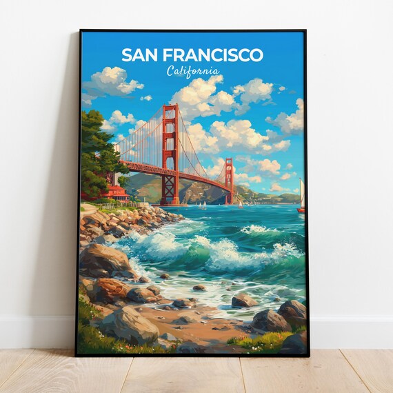 San Francisco Golden Gate Bridge Bay Waves Beach Scene Travel Poster