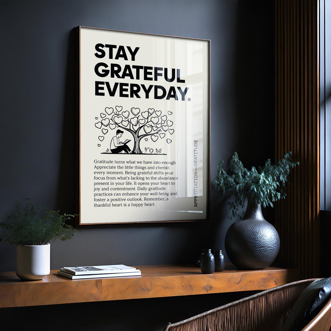 Stay Grateful Everyday Heart Tree Inspirational Quote Office Wall Art