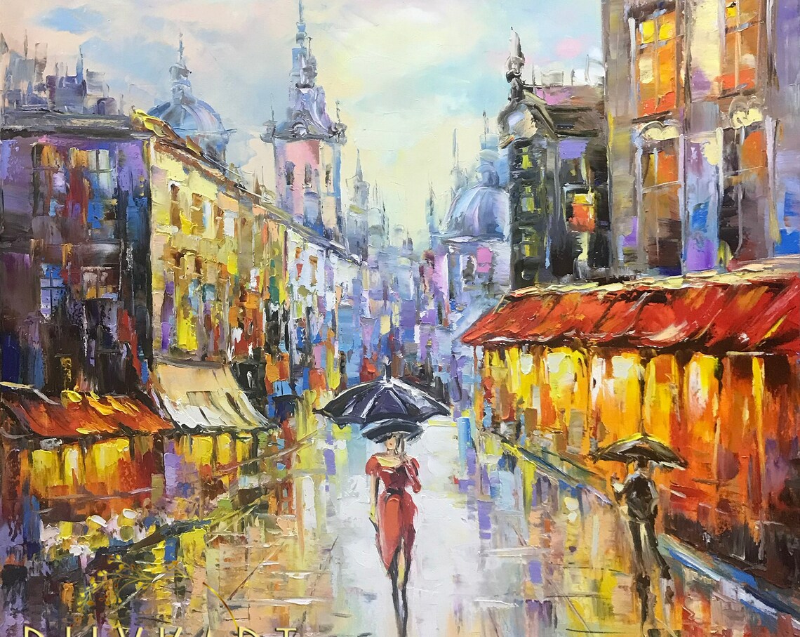 Rainy European Old Town Street Woman Umbrella Red Dress Art Poster