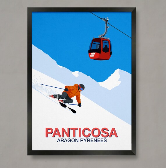 Panticosa Ski Resort Poster with Red Gondola and Carving Skier Pyrenees