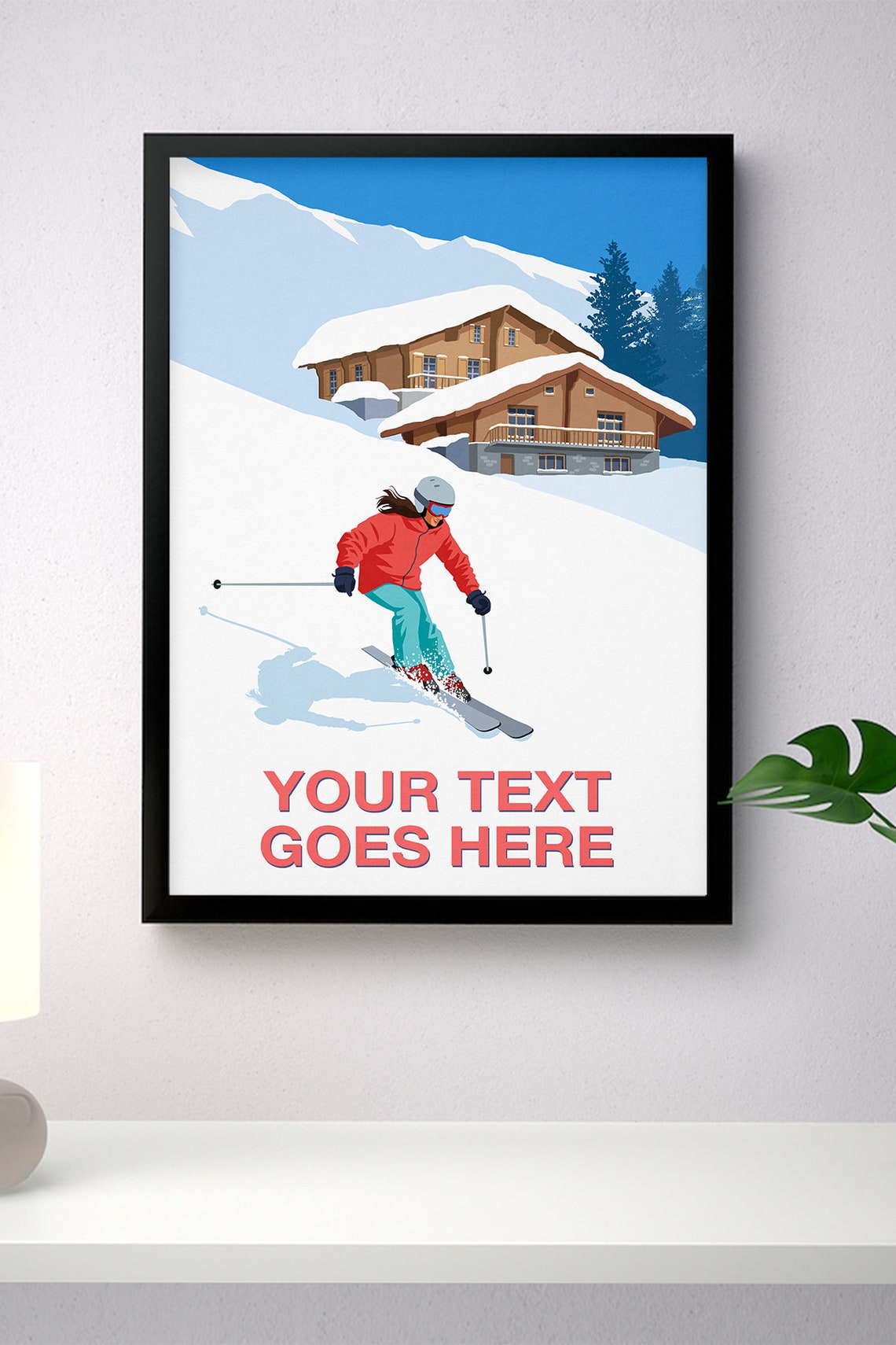 Personalised Female Skier Poster Custom Text Alpine Chalet Gift Art - Image 4