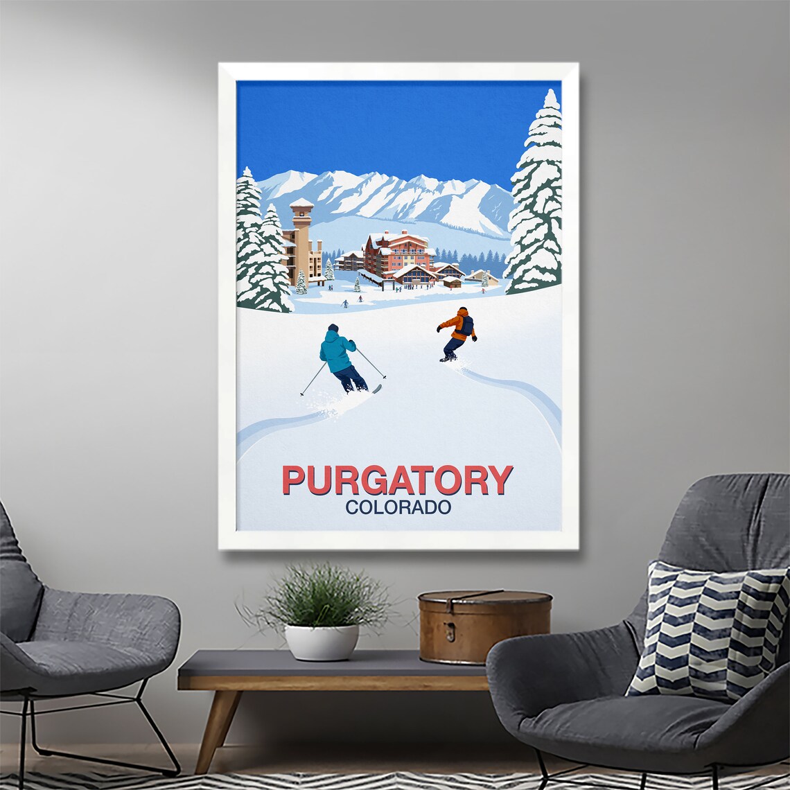 Purgatory Ski Resort Poster with Village Lodges and Skiers Colorado - Image 3