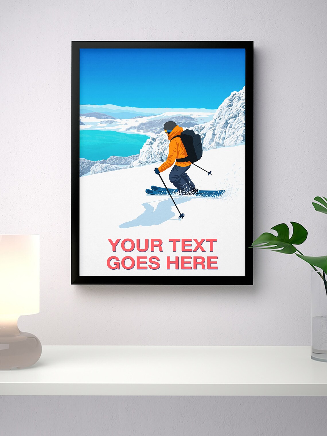 Personalised Ski Art Poster with Custom Text Skier Above Turquoise Lake - Image 4