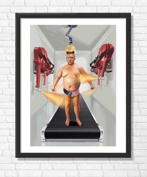 Donald Trump Satirical Spray Tan Robot Treadmill Humor Poster