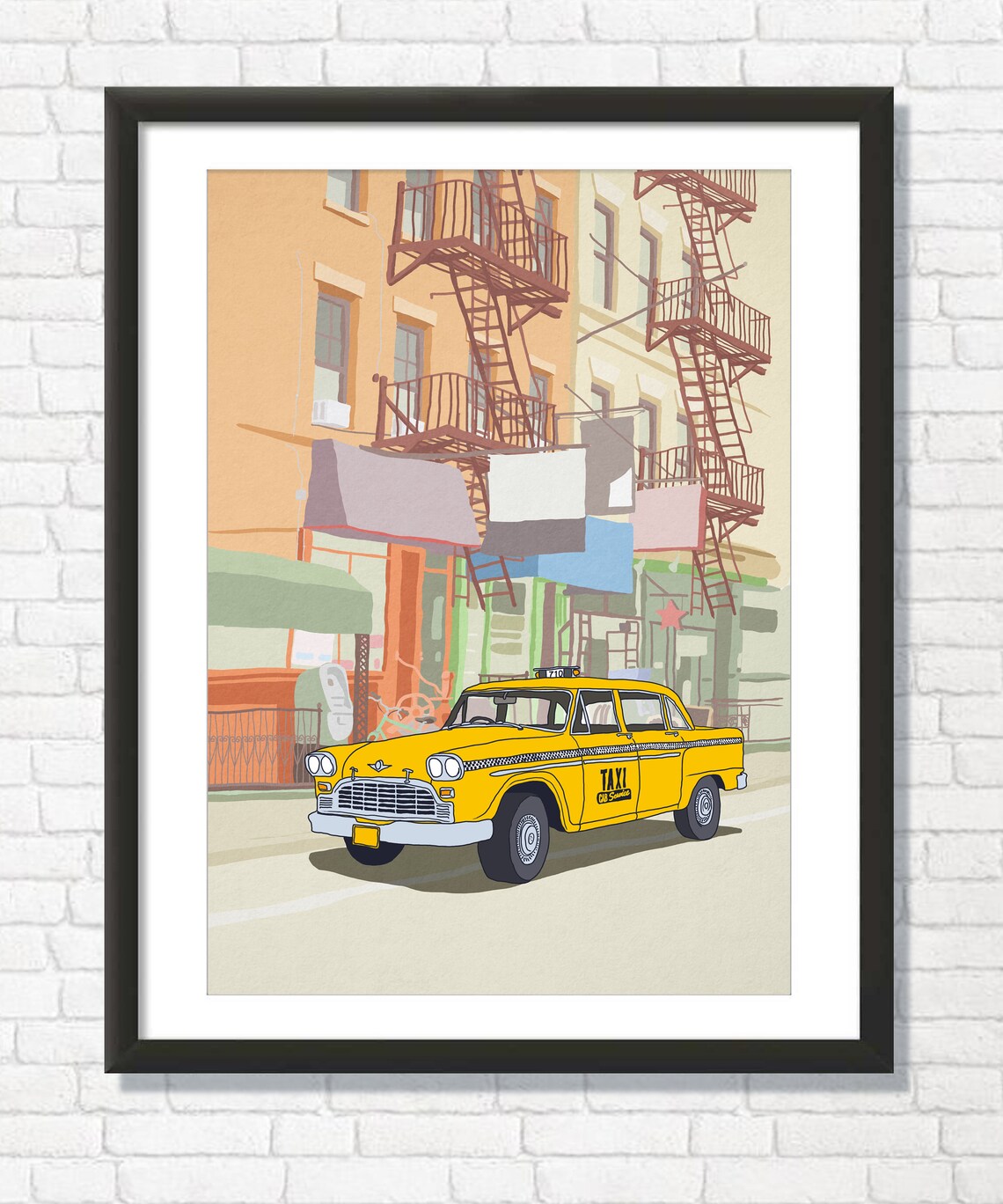 New York City Yellow Taxi Cab Fire Escape Street Scene Art Print