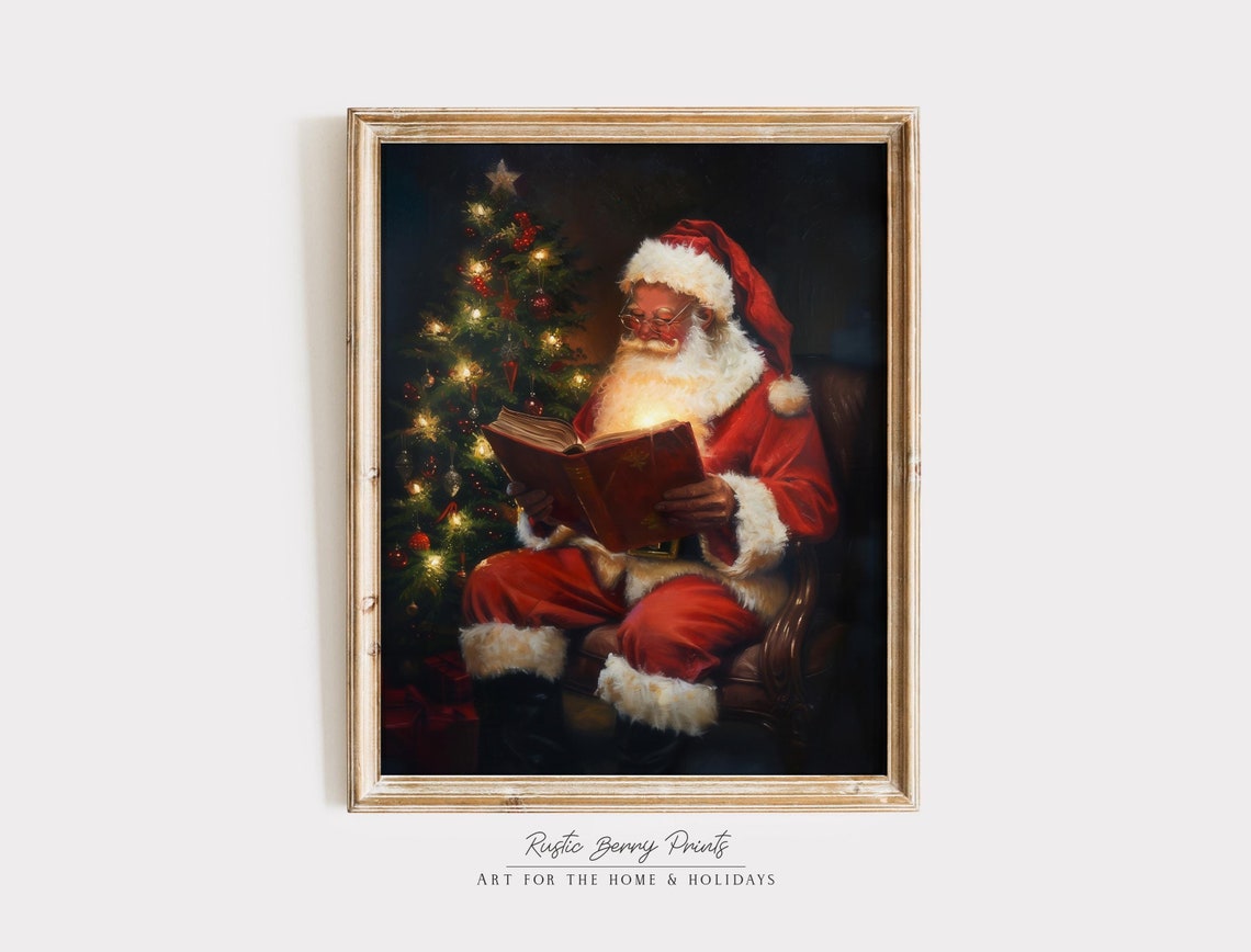 Vintage Santa Claus Reading Book Beside Glowing Christmas Tree Poster