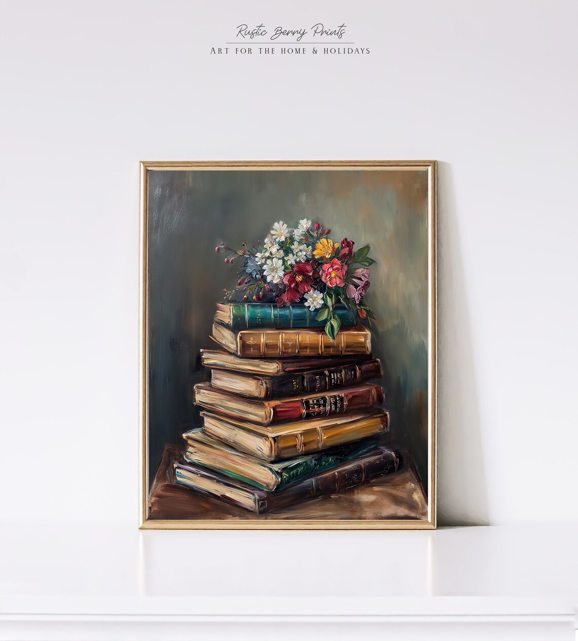 Moody Vintage Books Oil Painting Wall Art Vintage Print Cottagecore Flowers Spring Decor Academia Instant