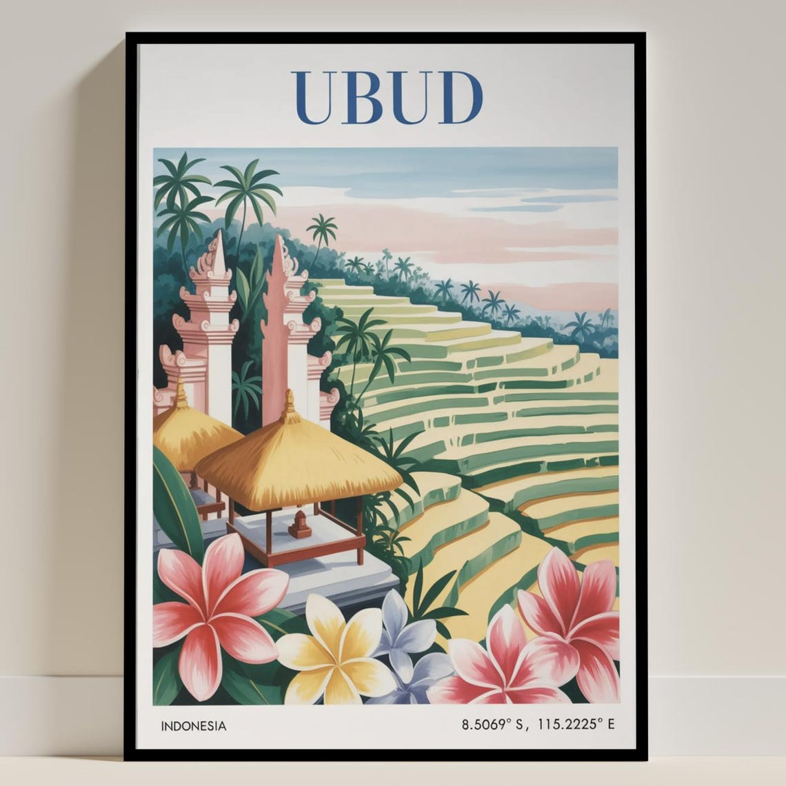 Vintage Ubud Travel Poster, Bali Rice Terrace