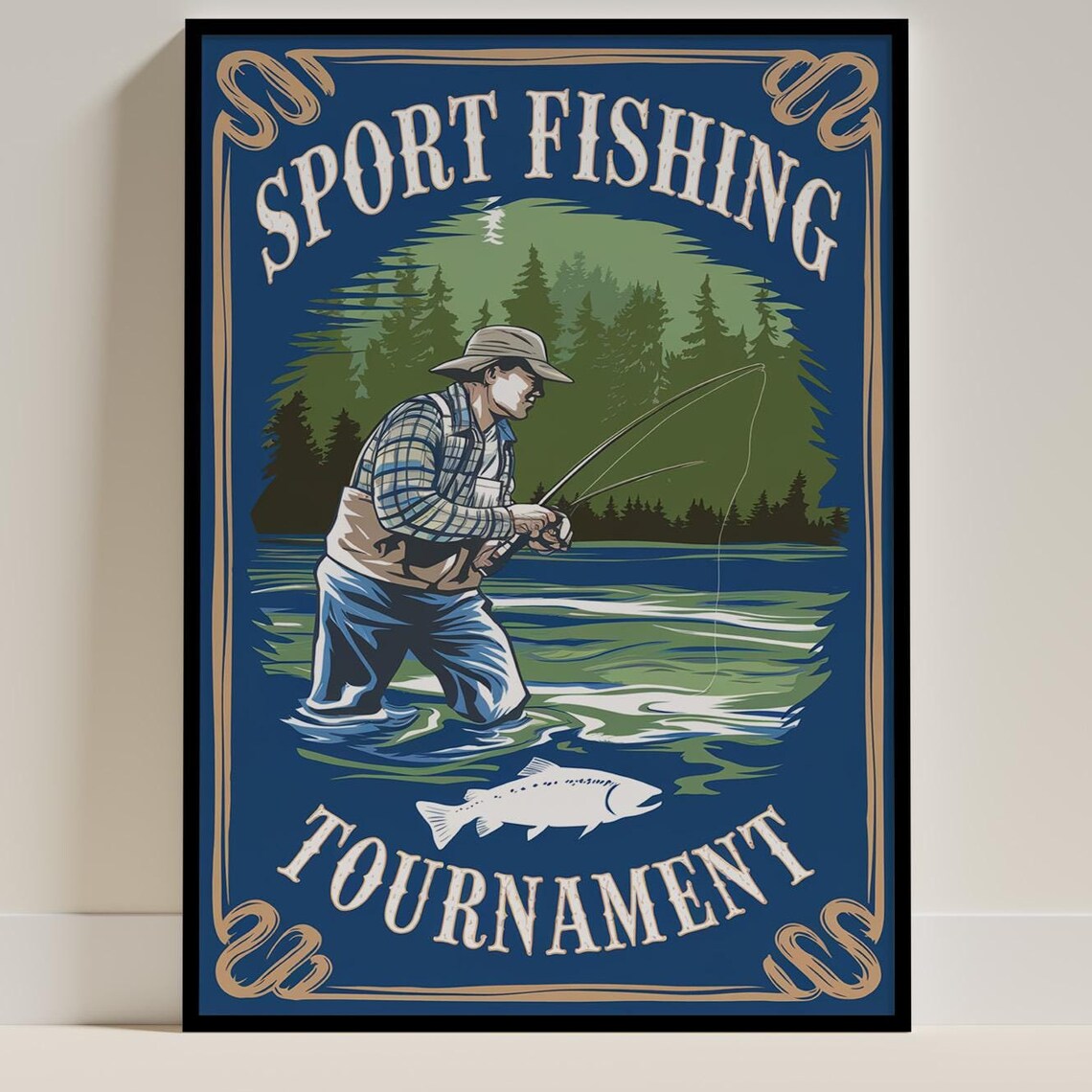 Vintage Fisherman Fishing Poster, Cabin Lake House Decor