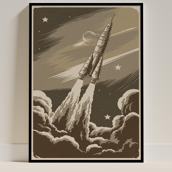 Vintage Rocket Ship Poster, Retro Space Launch