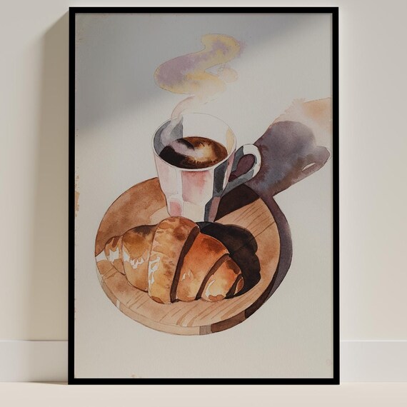 Croissant and Coffee Watercolour Art Print, Kitchen Decor
