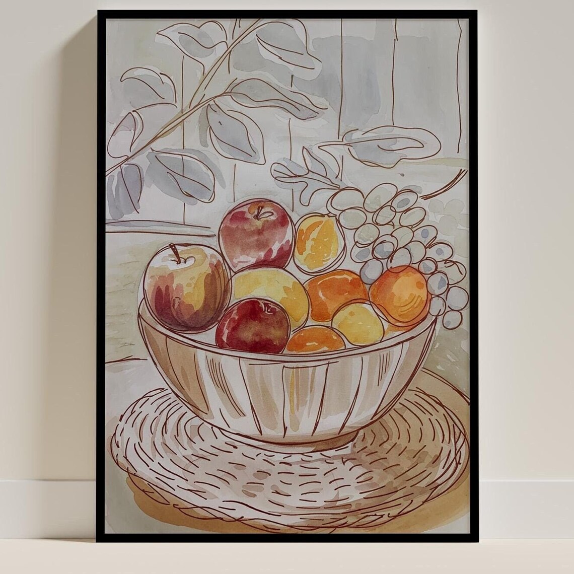 Fruit Bowl Sketch Watercolour Poster, Kitchen Decor