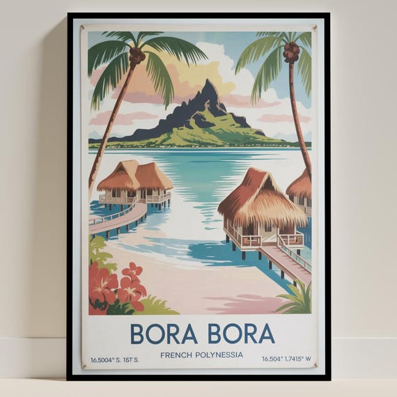 Bora Bora Vintage Travel Poster, Tropical Beach Decor