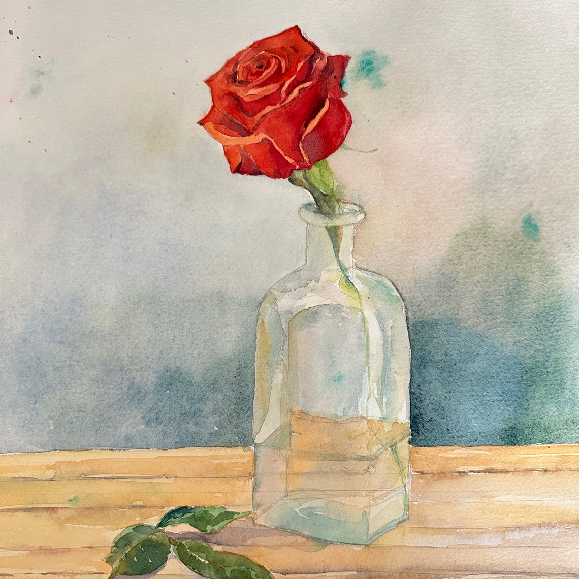 Single Red Rose in Glass Bottle Still Life Watercolor Painting Poster - Image 4