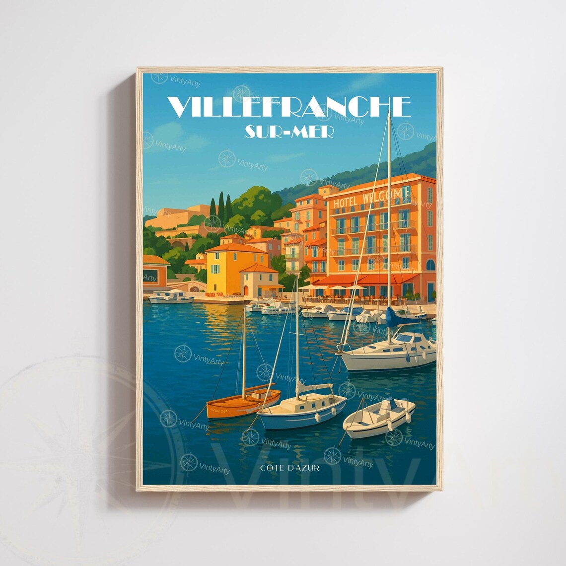 Villefranche Sur Mer Cote dAzur Travel Poster Harbor Sailboats Hotel
