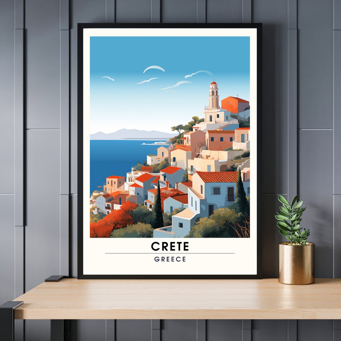 Crete Greece Coastal Village White Houses Red Roofs Travel Poster