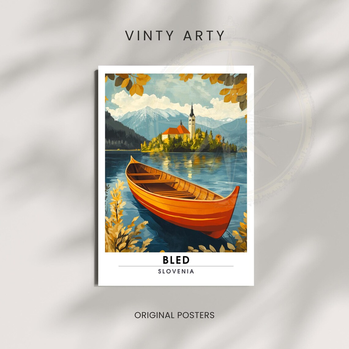 Bled Slovenia Autumn Lake Wooden Boat Island Church Travel Poster