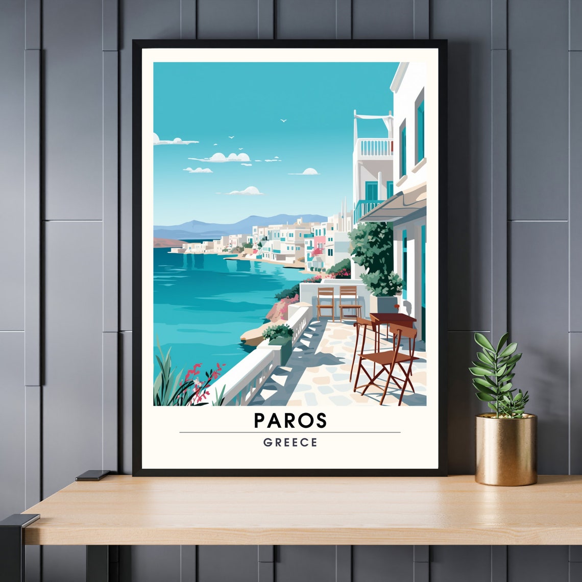 Paros Greece Harbor Terrace Sunny Greek Island Travel Poster