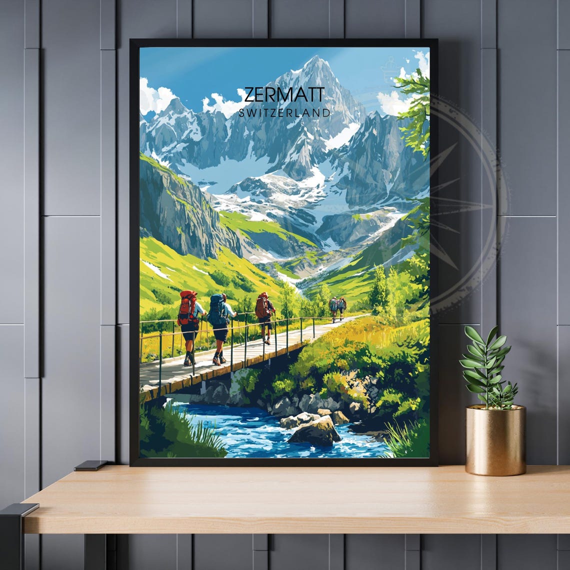Zermatt Switzerland Matterhorn Hikers Vintage Travel Art Poster