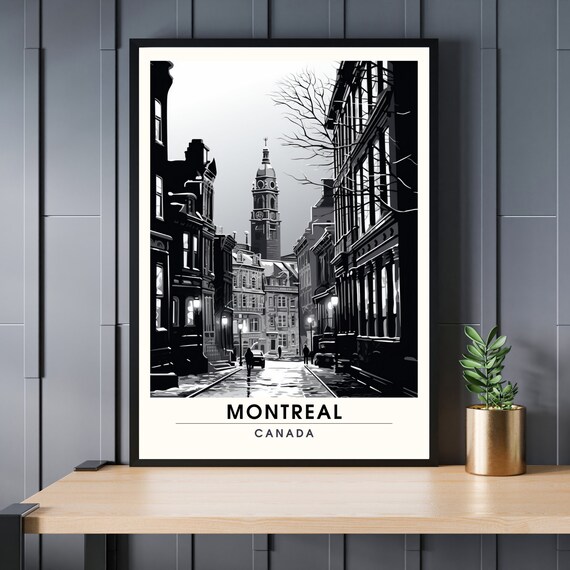Montreal Canada Black and White Old Street Church Vintage Travel Poster