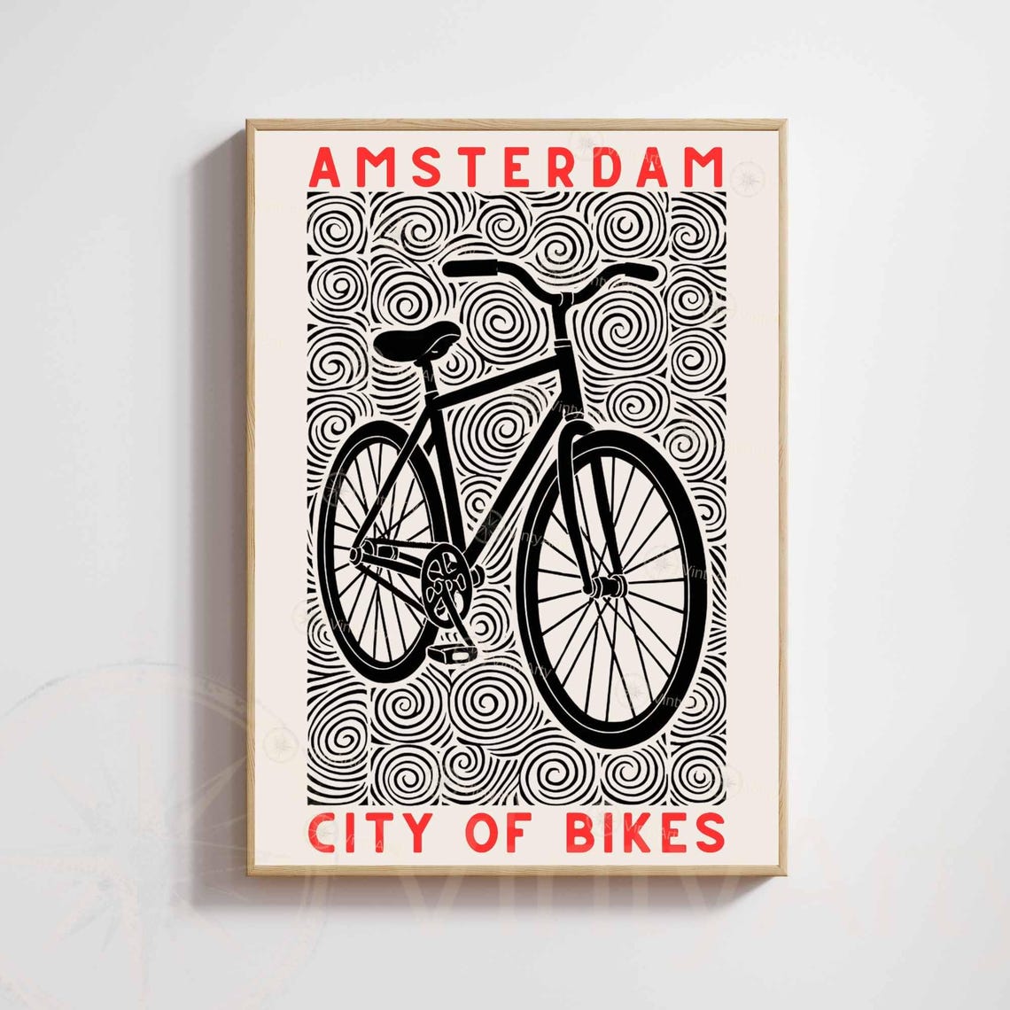 Amsterdam City Of Bikes Bicycle Linocut Art Dutch Cycling Wall Poster