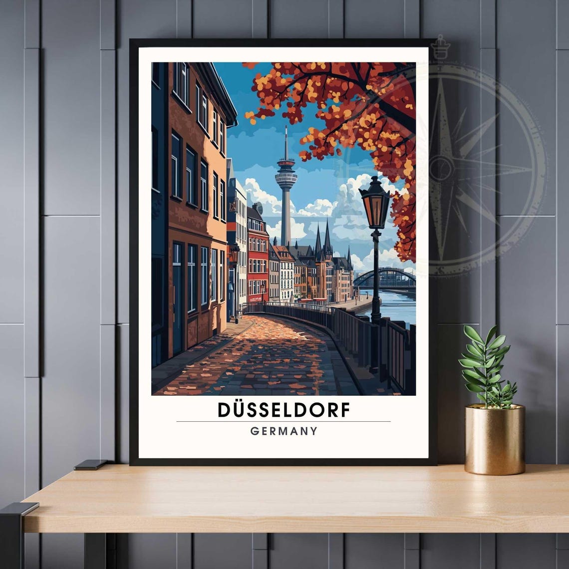 Düsseldorf Autumn Cobblestone Lane Rheinturm Germany Travel Poster