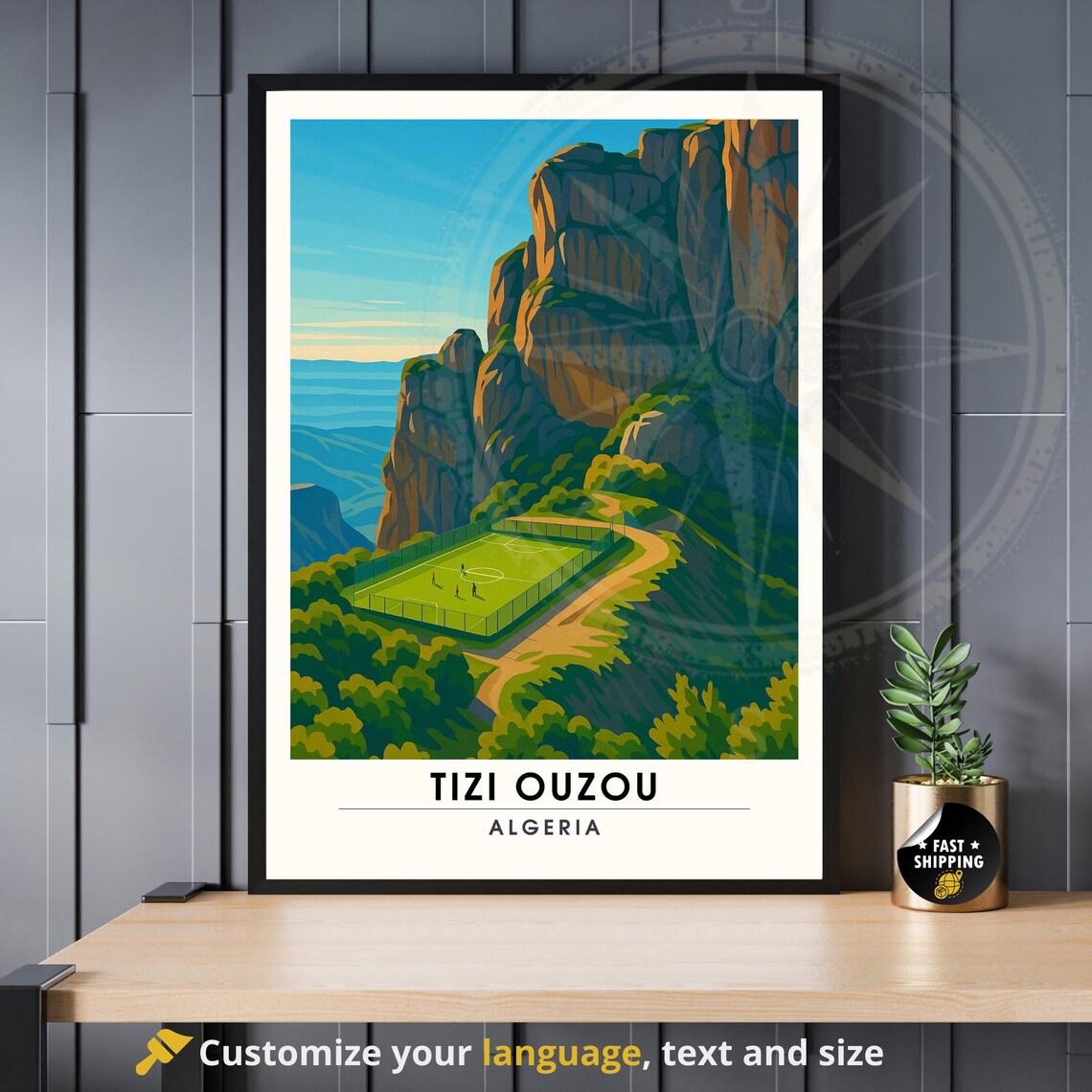 Tizi Ouzou Algeria Mountain Football Pitch Scenic Travel Poster