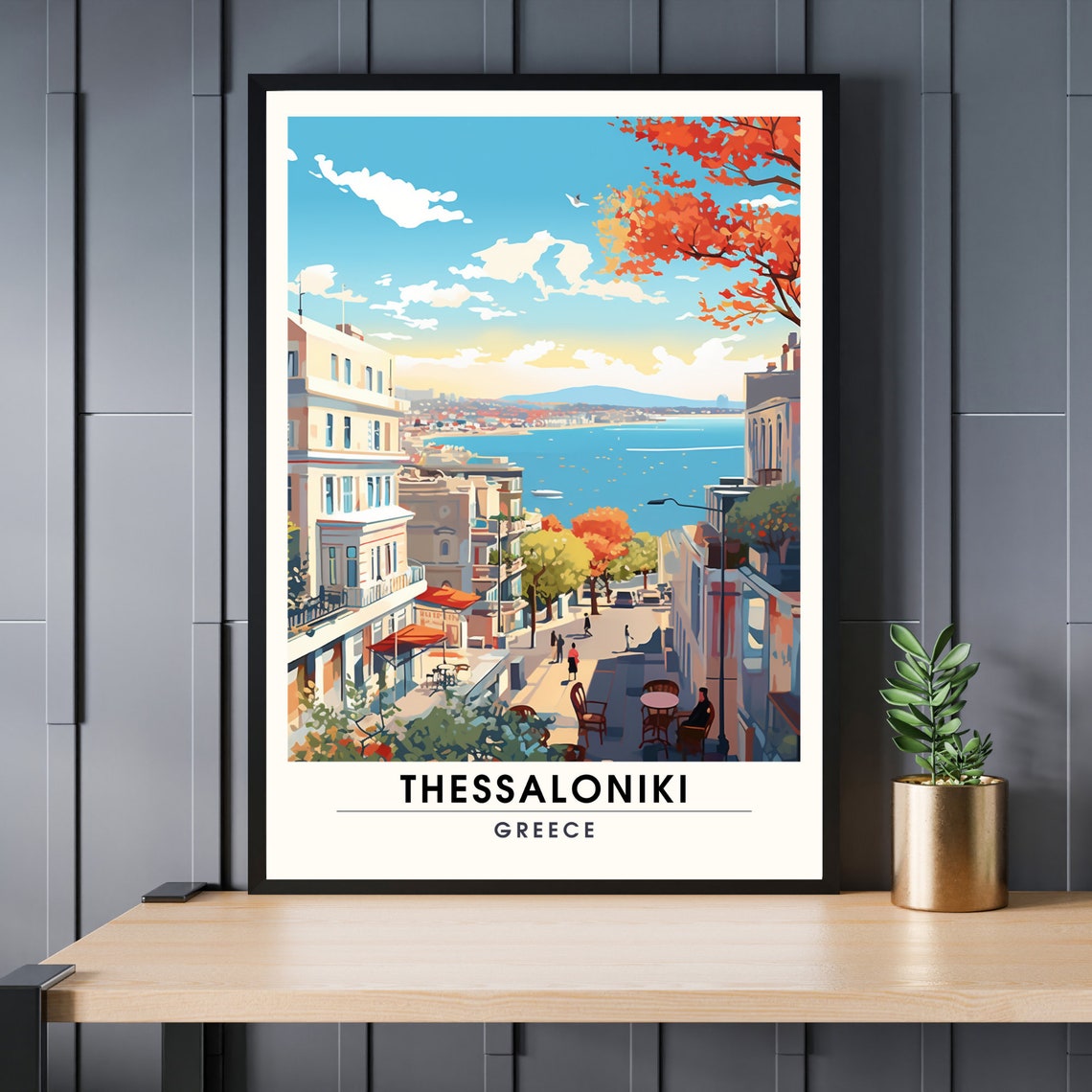 Thessaloniki Greece Sunny Seaside Street Cafe Sea View Poster